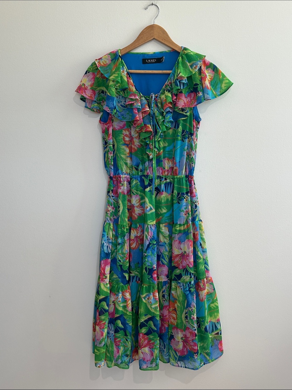 Lauren Ralph Lauren Tropical Floral Ruffle Midi Dress Size 2P EUC